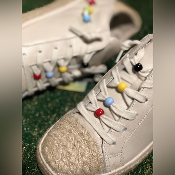 DOLCE VITA X TREVOR PROJECT Zoe Pride Ivory Beaded Raffia Leather Sneakers - Picture 9 of 13
